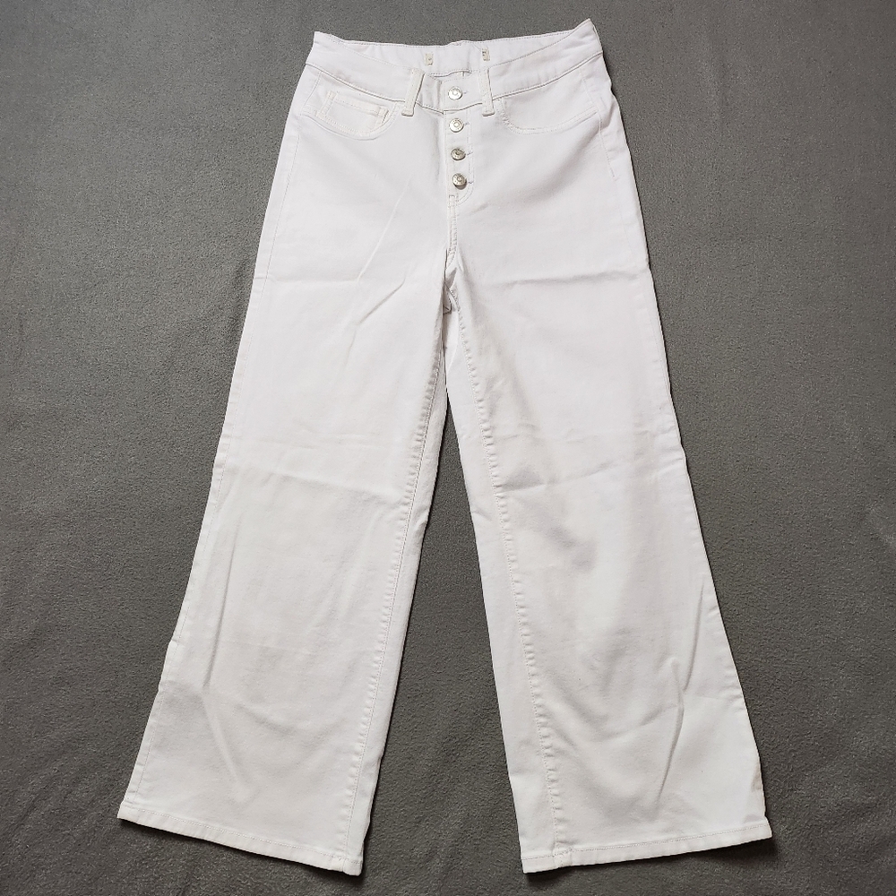 NWOT Denver Hayes white exposed Button fly high rise wide leg crop jeans Sz 10